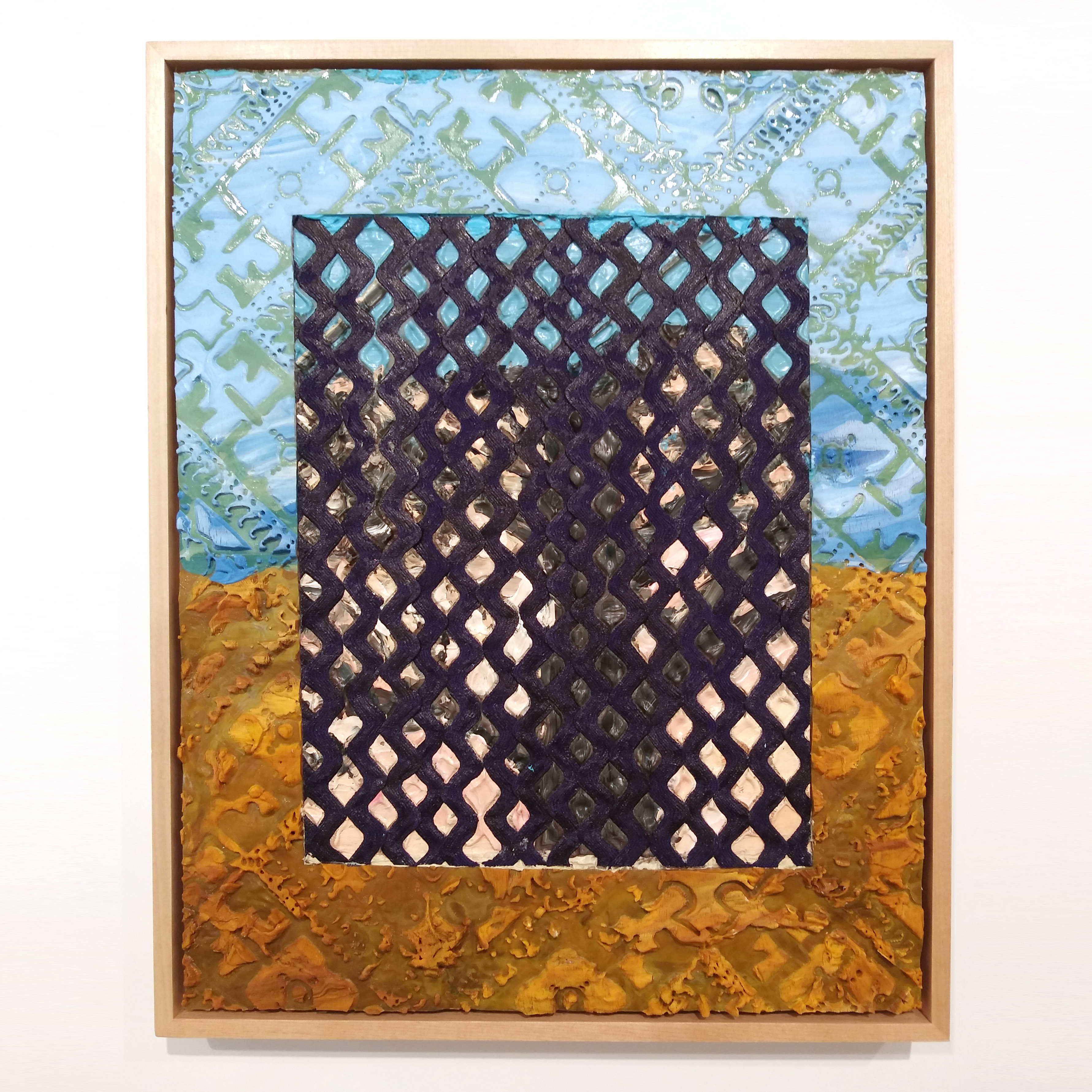 Heirloom (extrusion), 2025, acrylic, rickrack trim, organza fabric on board, 14 x 11 in.